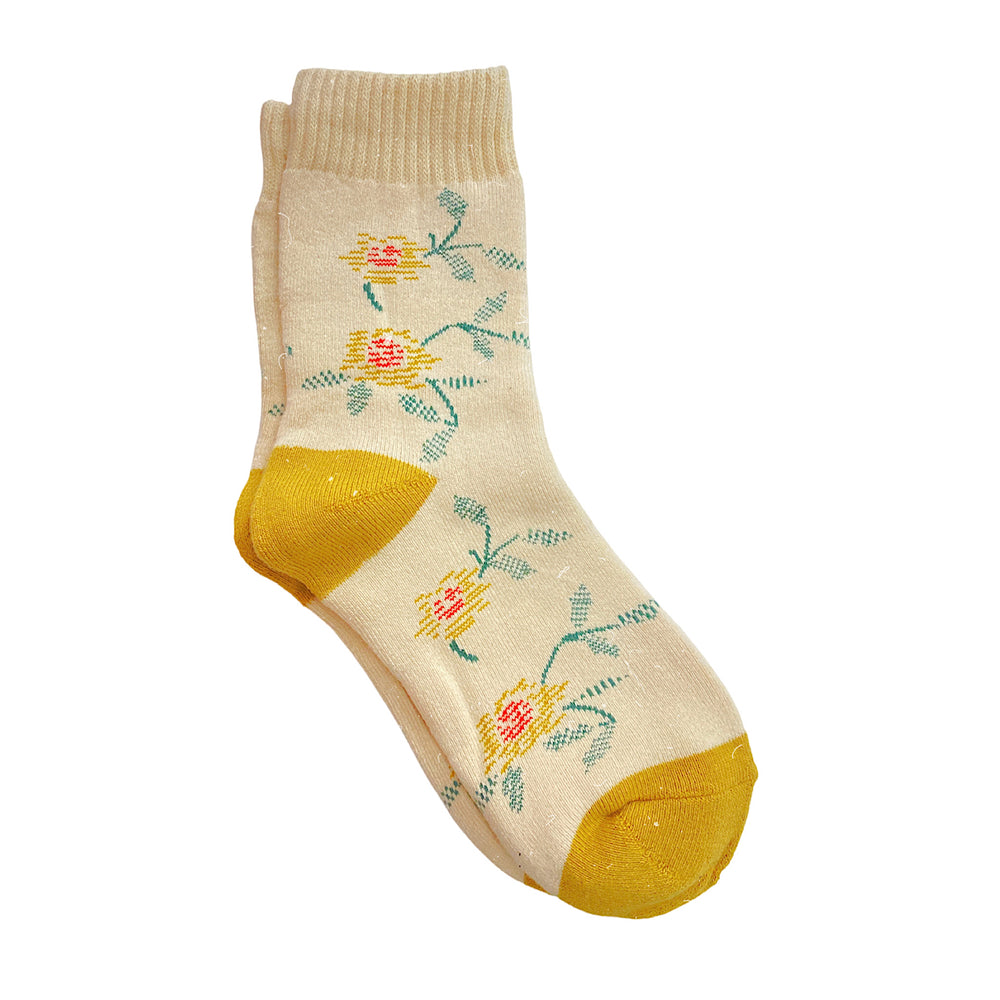 Cozy Beige Ocre Flowers Socks