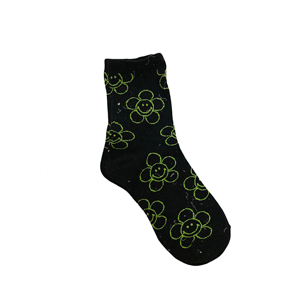 Black || Neon Green Happy Daisy Socks
